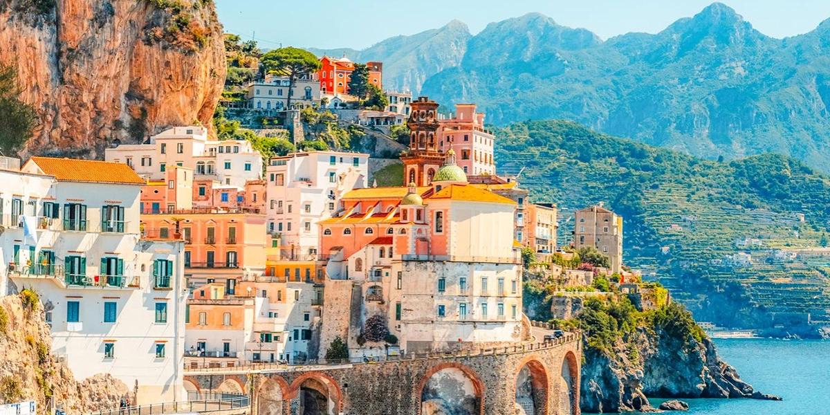 Atrani famous coastline in southern italy vertiginous cliffs adorned